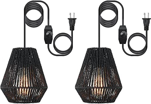 Plug-in Pendant Light, Hanging Lights Fixture With 15ft Cord On/Off Switch, Black Handwoven Rattan Basket Shade Boho Lamp for Bathroom Kitchen Island Dining Room Bar Bedroom Foyer Hallway Cafe, 2 Pack