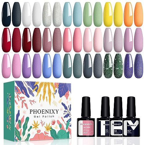 Phoenixy 21 Colores Esmaltes Semipermanentes para Uñas 24pcs U V/LED Pintauñas Semipermanentes Vibrante con Base Top Coat Brillante y Mate Regalos para Mujeres