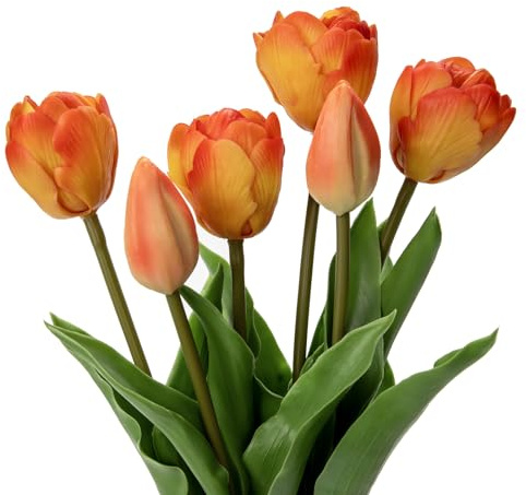 4 tulpaner och 2 tulpanknoppar konstgjorda blommor äkta känsla, konstgjorda latex-tulpaner, buketter, bordsarrangemang, gåva för hem, kontor, fest, bröllop, födelsedag, trädgård, orange