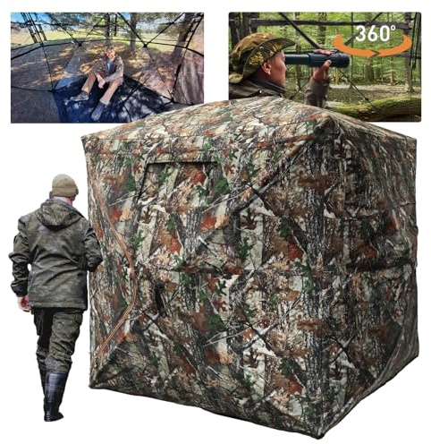 FUNHORUN Hunting Blind with Floor Mat, 360 Degree See Through Ground Blind with Carrying Bag, 3/4 Person Pop Up Camouflage Tent Portable Concealed Shelter