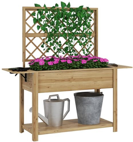 Outsunny Fioriera con Grigliato e Ripiani Laterali e Inferiore, Fioriera in Legno di Abete con Fori di Drenaggio e Fodera in Tessuto non Tessuto, 140x45x151 cm, color Legno