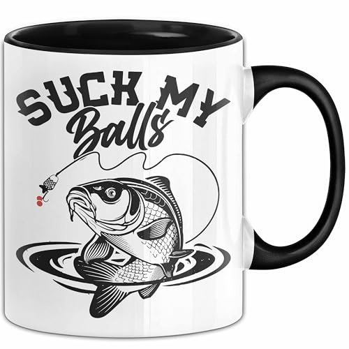 Fischer Karpfen Angler Geschenk Tasse Fischer Fisch Suck My Balls Anglergeschenke (Schwarz)
