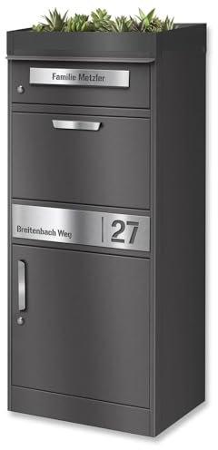 Metzler boîte à Colis avec boîte aux Lettres & Toit à Plantes – Inoxydable, Design Moderne, DB 703 Gris métallisé avec Plaque personnalisée en Acier INOX – Modèle Bispo 2