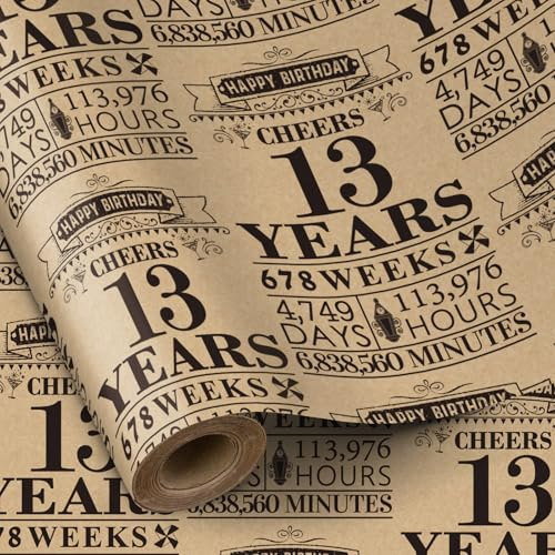 RUSPEPA Geburtstags-Geschenkpapierrolle, Mini-Rolle, schwarzes Kraft-Geschenkpapier mit 13-Jahre-Design, ideal für Geburtstage, Partys, Feiertage, 43,2cm x 5m, 13. Geburtstag