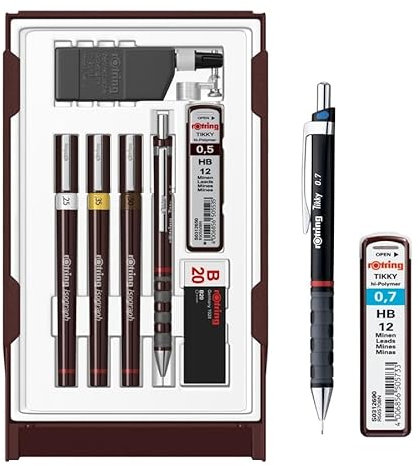 rOtring Isograph S0699380 Fineliner und Bleistift College-Set mit 3 technischen Stiften (0,25 mm, 0,35 mm, 0,50 mm) und Druckbleistift (0,5 mm), Set mit Ersatzminen