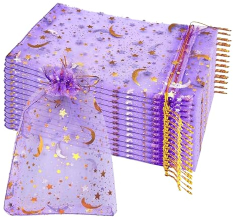 XmhyTop 100 stycken måne stjärna organza smycken godispåsar, 100 x 15 cm ren lila organza-påse små presentpåsar med dragsko för julfest presenter bröllop alla hjärtans dag väskor