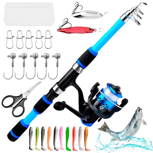 Angelset für Kinder, 1.5m Teleskop Angelrute, Kinderangel, Kinder Angelset, Angelset Komplett Anfänger mit mit Angelrolle und Köder (Blau)
