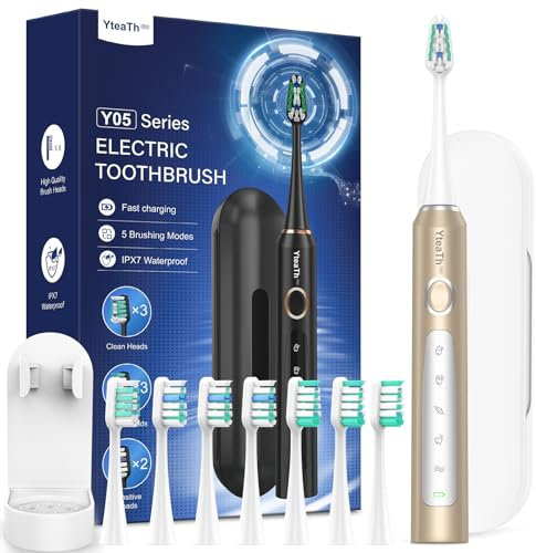 Spazzolino Elettrico Sonico per Viaggio - Spazzolino Denti Sonico Adulti e Bambini con 8 Testine e Custodia, 5 Modalità, Impermeabile IPX7, Spazzolino Elettrico da Ricaricabile, Oro Smerigliato
