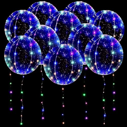 ALEGRE 10 Stk Bunte Leuchtende Luftballons,20 Zoll Bobo Led Ballons,Durchsichtige Led Luftballons Leuchtend mit 3m 30 Led Lichterketten,Led Bobo Ballon für Geburtstag,Hochzeit,Valentinstag,Weihnachten