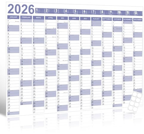 Wandkalender 2026 – Din A1 (84,1 x 59,4 cm) – Groß Jahresplaner laminiert mit 8 Aufklebern, Faltverpackung, Wandplaner für Büro, Schule & Zuhause, Blau