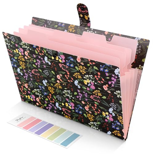 SKYDUE Cartellina portadocumenti, formato A4, con etichette colorate, espandibile, con bottone a pressione, per ufficio, casa, vita scolastica (un fiore nero, 5 tasche)