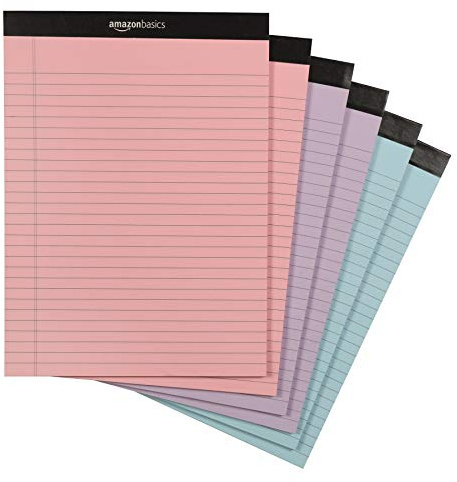 Amazon Basics Wide Ruled Lined Writing Note Pads with Sturdy Back, 8.5 x 11.75, Multicolor, 6-Pack, 300 Sheets, Perforated