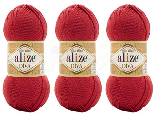 Alize Diva-Garn, Handstrickgarn, 100 % Mikrofaser, Acrylgarn, Alize Diva Seideneffekt, Häkeln, Kunst, Spitze, Handarbeit, 3 Knäuel, 300 g 366 - Granatrose