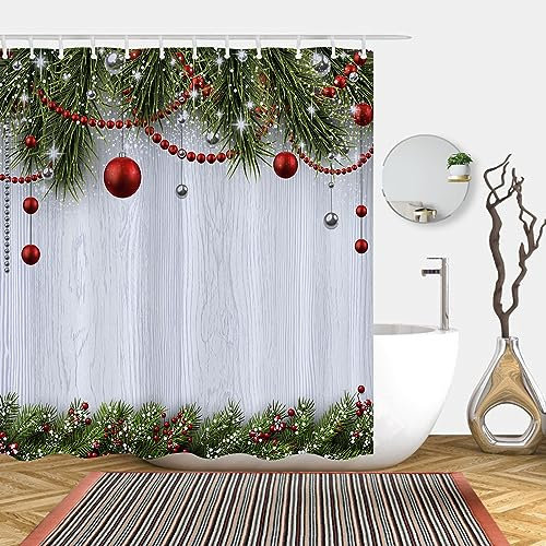 Abaysto Winter Christmas Rustic Wood Shower Curtains for Merry Xmas Bath Bathroom Snowflakes Snowy Pine Trees Home Decors Fabric Waterproof Shower Curtain Set with 12 Hooks 180X180 CM