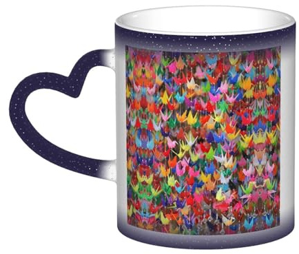 FWJZDSP Impresionante impresión de grullas de papel de Origami, taza cambiante de Color sensible al calor, tazas de café, té, porcelana, regalo