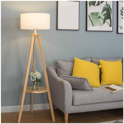 Lámpara de pie con trípode de Madera Maciza, lámpara de Lectura Moderna con Base E27, lámpara de pie con Estante de Almacenamiento, Pantalla de Lino, para Sala de Estar, Dormitorio, Oficina,