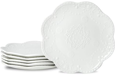 Juego de 6 Platos de Postre en Ceramica, Platos para Ensalada Φ20cm, Platos Llanos Pequeños, Plato de Servir Blanco, Platos de Porcelana para Pasta, Pizza, Pan, Apto para Lavavajillas y Microondas