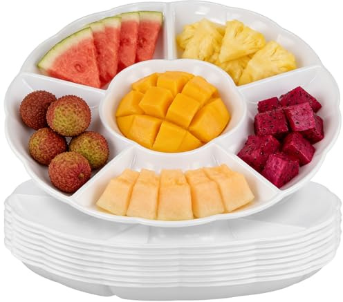 NAMYEUT 9 Pack White Serving Platters with 6 Sections, 12 Inch Round Plastic Compartment Trays for Party Snacks, Veggie Dips and Candy Sorting