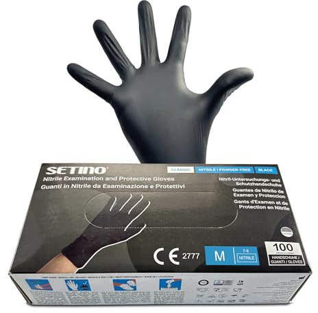 Setino - Guanti in Nitrile Monouso Neri da 3,5 g (100 pz), Senza Polvere e Lattice, Ipoallergenici, per uso Medicale, Estetica, Tattoo e Alimentare (M, 100, unità)