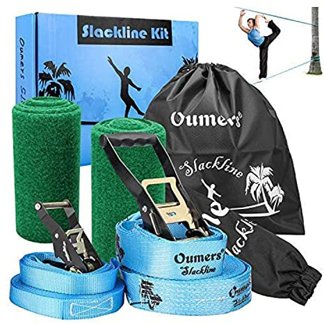 Oumers Slackline,Set Regalo Linea Slack con Linea Bleth Principale da 50ft Linea Training Protezione per arpionismo Custodia per Bambini