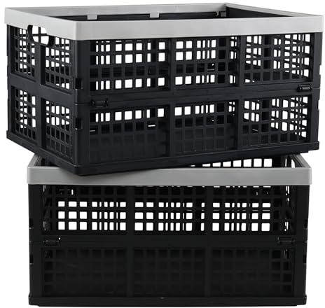 Qsbon Qskely 2-Pack 42 L Plastic Stacking Folding Storage Crates, Large Collapsible Storage Basket