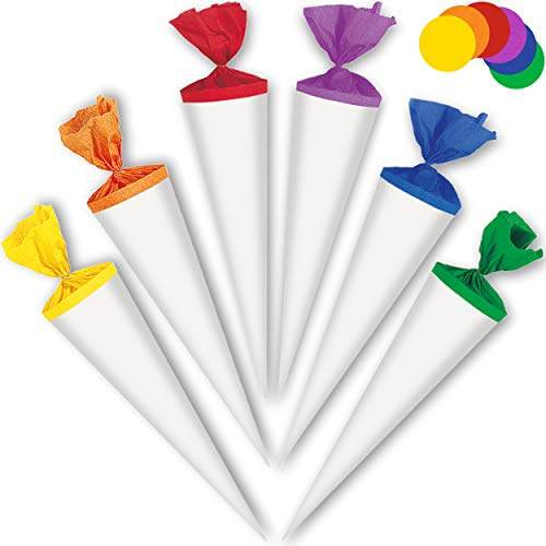alles-meine.de GmbH 5 Stück Schultüten - 35 cm - einfarbig weiß - Abschluß - bunter Farb-Mix - Rohling - Basteltüte - Zuckertüten - rund - Dekoschultüte - Deko - Schultütenbaum..