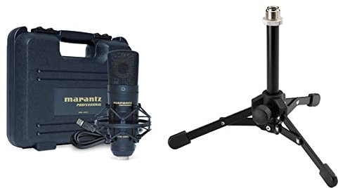 Marantz Professional MPM-2000U - Großmembran USB-Kondensatormikrofon mit Shockmount, USB-Kabel, Tragetasche für Aufnahme, Podcast, Twitch & MONACOR MS-12 Mikrofon-Tischstativ, zusammenlegbar, schwarz