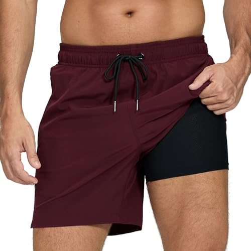 Aisprts Bañador Hombre Shorts de Baño 2 en 1 con Forro de Compresión Pantalones Cortos de Natación Elásticos de Secado Rápido Shorts de Playa con 2 Bolsillos con Cremallera