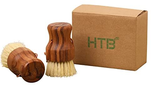 Teak Dish Scrub Brush 2PCS by HTB, Good Grip Small Wooden Dish Brush with Teak Handle & Sisal Bristles for Kitchen, Wood Cleaning Scrubbers Set for Washing Pan/Pot/Vegetable/Fruit