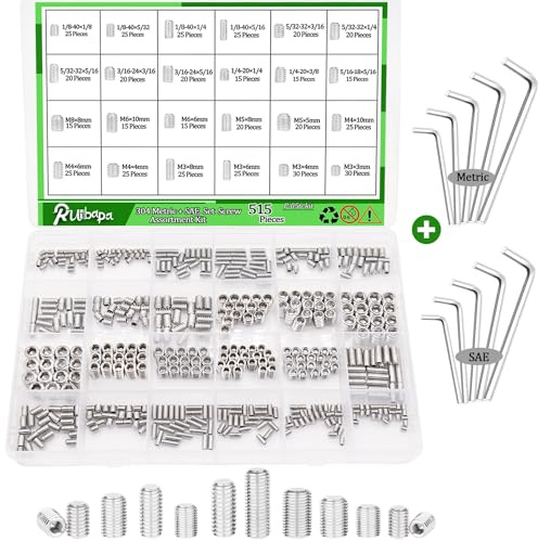 Ruibapa 525 PCS Set Screw Assortment Kit Metric + SAE 24 Size 304 Stainless Steel Grub Screw Internal Hex Drive Cup-Point Allen Screws Set M3 to M8 and 1/8-40 to 5/16-18