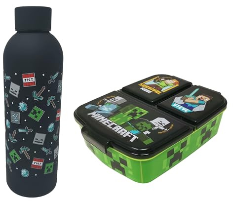 Theonoi Minecraft Creeper - Juego de fiambrera infantil con compartimentos y botella de agua de acero, color negro