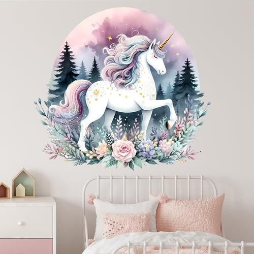 GRAZDesign Wandtattoo Einhorn Blumen XXL Kinderzimmer Mädchen, Wandaufkleber selbstklebend - 118x110cm