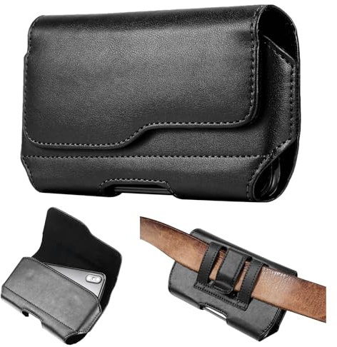 Porta Cellulare da Cintura in Vera Pelle per Smartphone, Porta Telefono Orizzontale con Clip Universale, Compatibile con Samsung Galaxy S24 S23 S22 S21 A54 A55 e iPhone 15 14 13 12 11, Nero
