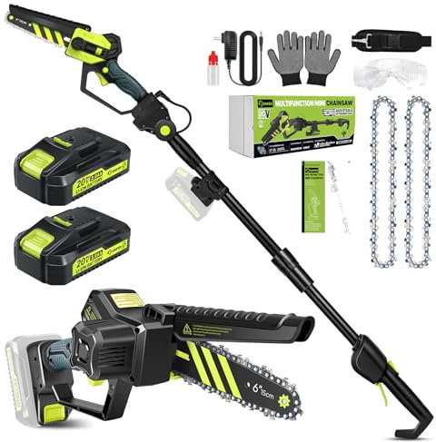 Saker Cordless Pole Saw and Mini Chainsaw, 2-in-1 Pole 6 Inch Chainsaw, Brushless Electric Pole Saw Long Reach Battery Powered, 78.74 Inch Max Reach Tree Trimmer with 2 Batteries
