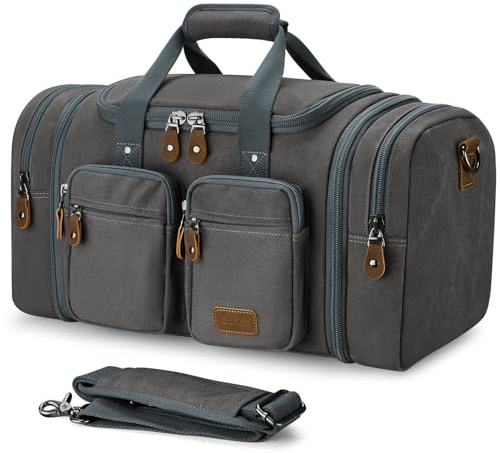 Gonex Canvas Reisetasche 50L Erweiterbar, Weekender Handgepäck | Spritzwasserfest, Nass‑Trocken‑Fachtasche, Koffergriff‑Hülse, Abnehmbarer Schultergurt, Rutschfeste Bodenpads, Grau
