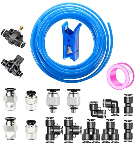 HUAZIZ 10m Polyuréthane Tuyau Pneumatique Bleu, 6mm x 4 mm (ODxID) PU Tuyau Air avec 16 Connecteur Pneumatique(Noir 2 Droits, 2 Coudes, 2 Raccords en T, 2 Séparateurs enY, 6 Raccords Filetés Mâle)