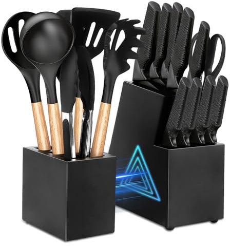 JUSTUP Cooking Utensils Set, 18 PCS Black Sharp Chef Knife Set with Magnetic Block & Sharpener, Stainless Steel Knife Block Set & Silicone Spatula Set, Knife Set for Home Restaurant Apartment (Black)