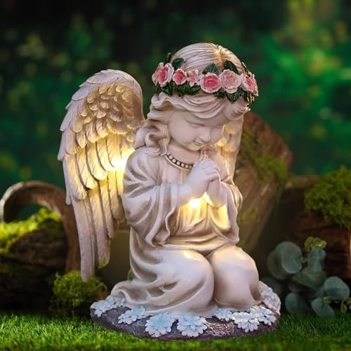 HUIKUANGEU Estatuilla de Hadas ángel con Luz Solar,Estatuas de ángel Solar de Jardín,Decoración de Jardín,Estatuas de ángel Solar para Jardín,Figura de ángel de la Guarda LED Orando,Decoracion Jardin