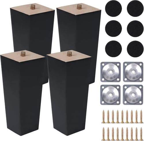 Zythrem 8 Inch Wooden Furniture Legs 20cm Sofa Legs Set of 4 Cabinet Legs Black Wooden Chair Legs Square Table Legs High Sofa Feet Replacement Furniture Feet with Mounting Plates Screws Non-Slip Mat