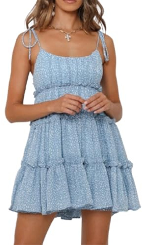 Vestido Corto de Verano con Tirantes Finos y Estampado Floral para Mujer, Estilo Bohemio, Fluido, con Capas y Volantes. (Blue Dots,S)