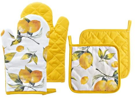 H&H Set Guanto da Forno e Presina Capri con Decoro Limoni – Cotone e Poliestere – Lavabile a Mano – No Asciugatrice – Con Marchio CE – Stile Mediterraneo