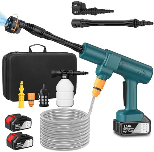 Rondella ad alta pressione a batteria, 200 bar, 21 V, con batteria da 3000 mAh, ugello 6 in 1, tubo da 5 m, idropulitrice portatile con display LCD per auto e prato, terrazza (verde con 2 batterie)