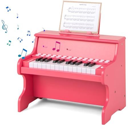 KOMFOTTEU Pianoforte digitale a 25 tasti per bambini, pianoforte in legno con leggio, tasti illuminati, modalità didattica, 6 strumenti, 8 percussioni, tastiera per pianoforte con registrazione e