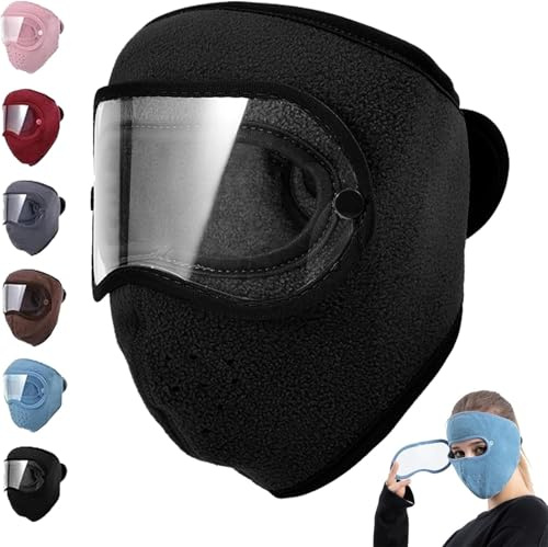 Maschera termica in pile con occhiali rimovibili, maschera invernale traspirante calda, protezione integrale, antivento, anti-appannamento, unisex, Nero , Taglia unica
