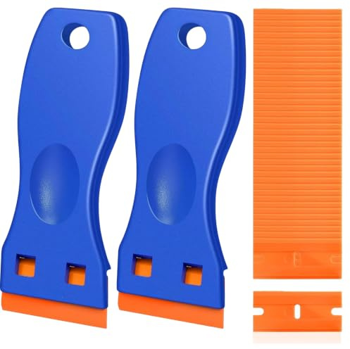 2 Pack Plastic Scraper with 100 Replacement| Multipurpose Non-Scratch Scraper Tool Kit for Sticker, Glue, Label & Paint Removal | Glass, Window, Car, Hob, Oven & Wallpaper Scraper