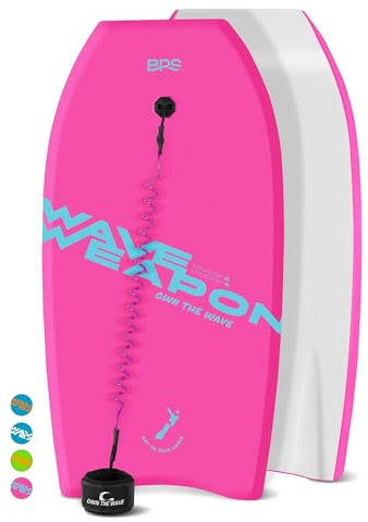 Own The Wave 33 Bodyboard with Coiled Leash and Swim Fin Straps - HDPE Slick Bottom and EPS Core - Body Board for Kids and Adults - Perfect for Surfing and Beach (Pink / Mint Green)