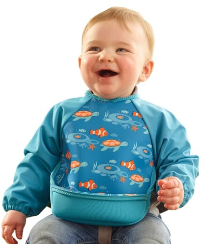 Bibetta Ultrabib - Weaning bib with sleeves - Premium Neoprene for Comfort - Waterproof Baby bibs with Crumb Catcher Pocket for Feeding Toddler & Babies - Roll Up and Machine Washable (Tropical Fish)