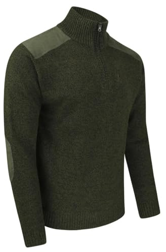 PERCUSSION Maglione da caccia Troyer, da uomo, verde oliva, con toppe gomiti e spalle, oliva, S