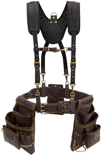 OX Pro Oil Tanned Leather Tool Belt with Padded Suspenders Leather Carpenter Tool Belt with Suspenders and Pouches Dual Hammer Holsters for Men - Morrales Para Carpintero