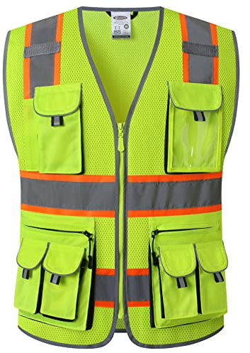 JKSafety 10 Pockets Hi-Vis Neon Color Frontal Zipper Mesh Safety Vest for Men Women Safety Utility for works Comply to ANSI/ISEA Class 2 (86-Yellow XL)